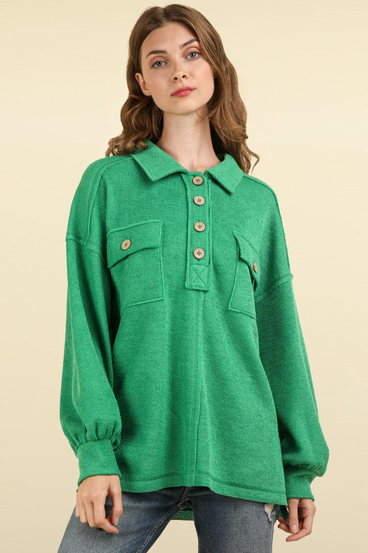 VERY J Collared Half Button Knit Top with Pockets In Green