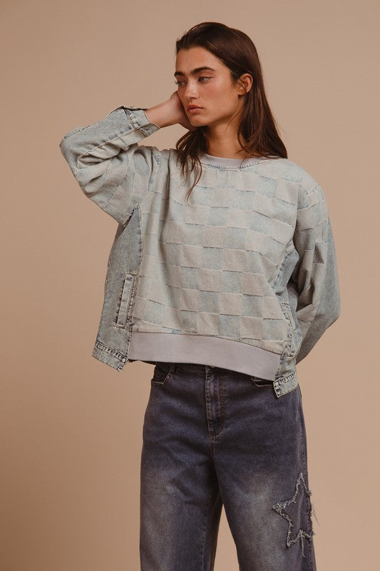 BiBi Mineral Washed Checkered Denim Top