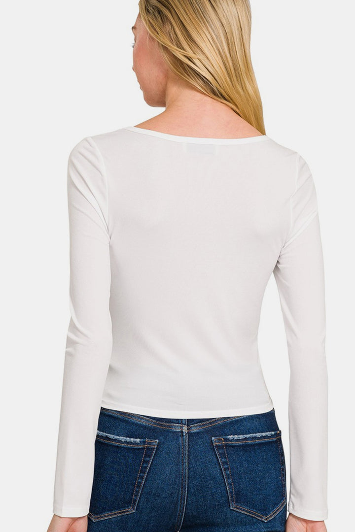 Zenana Square Neck Fitted Long Sleeve Top In White