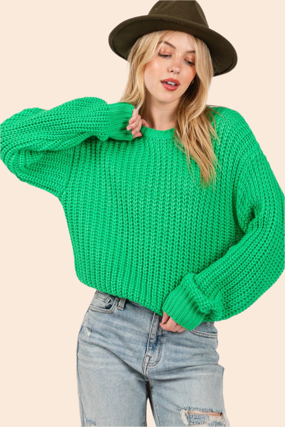 SAGE + FIG Round Neck Drop Shoulder Sweater In Green