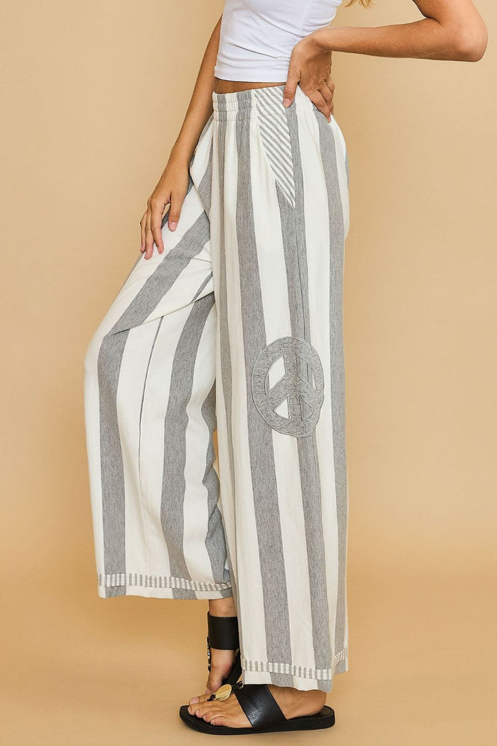 Umgee Peace Sign Patch Striped Wide Leg Pants In Gray