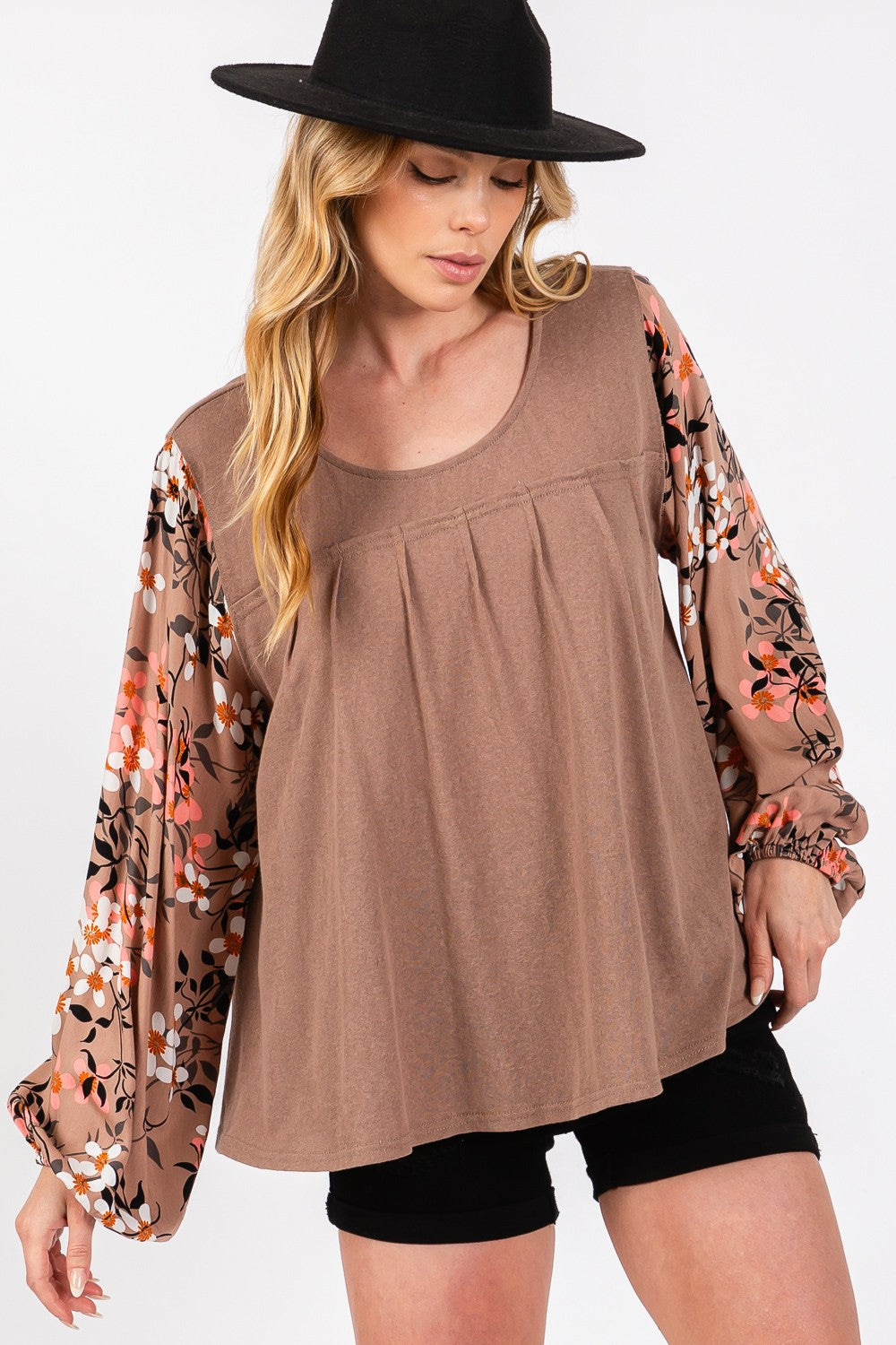 SAGE + FIG Floral Long Sleeve Front Pleated Detail Top In Brown