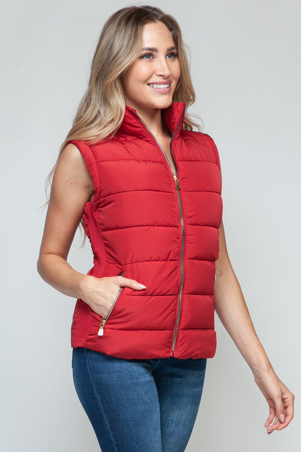 Snobbish Zip Up Turtleneck Vest with Pockets In Red