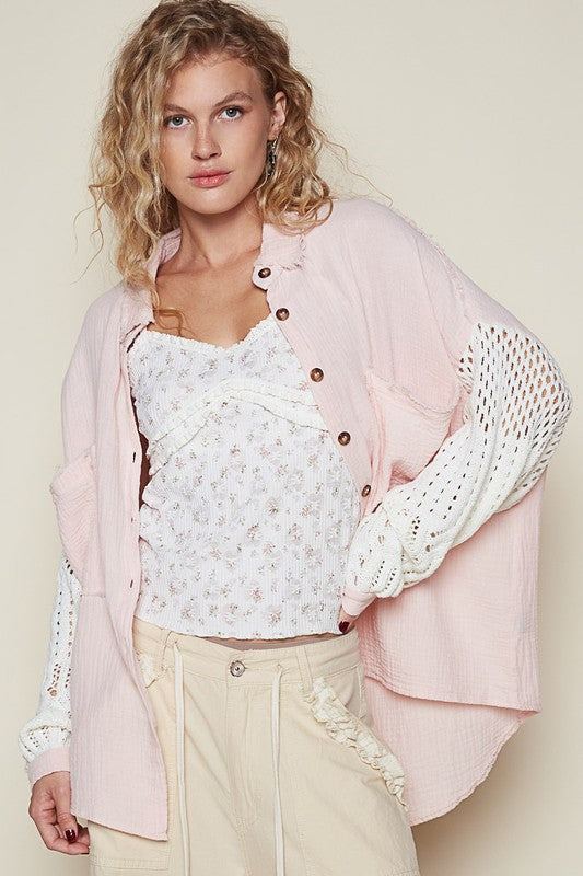 POL Openwork Lantern Sleeve Button Down Gauze Top In Blush