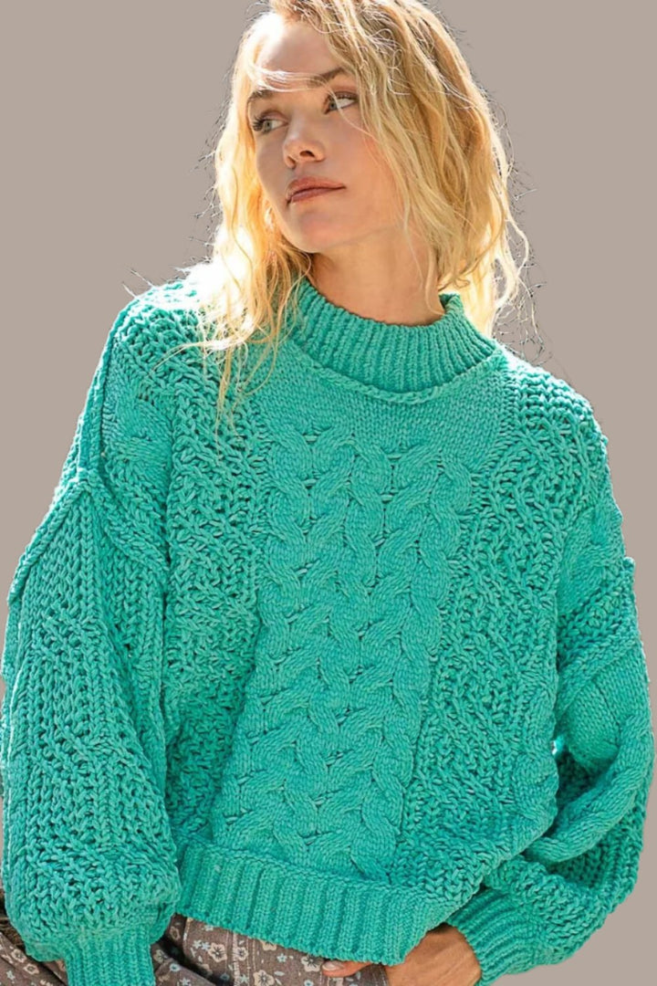 POL Mock Neck Cable Knit Sweater In Jungle Green