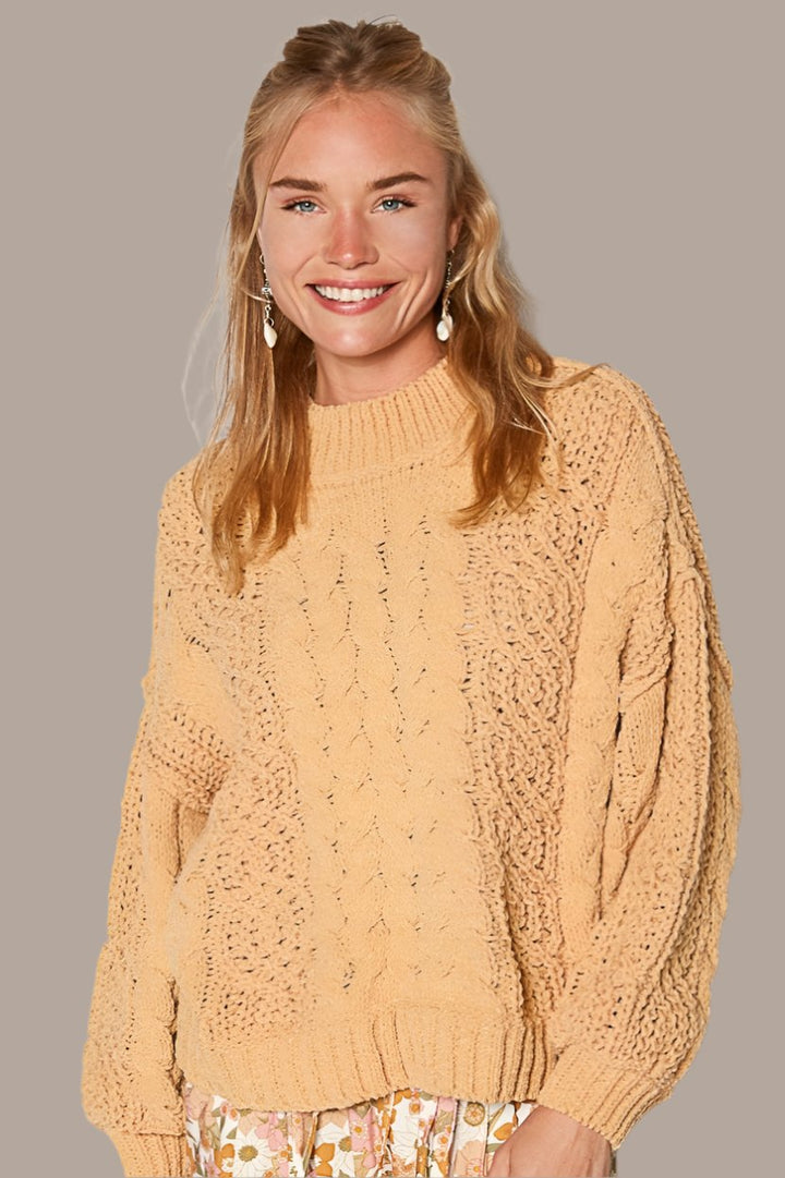 POL Mock Neck Cable Knit Sweater In Honey Gold