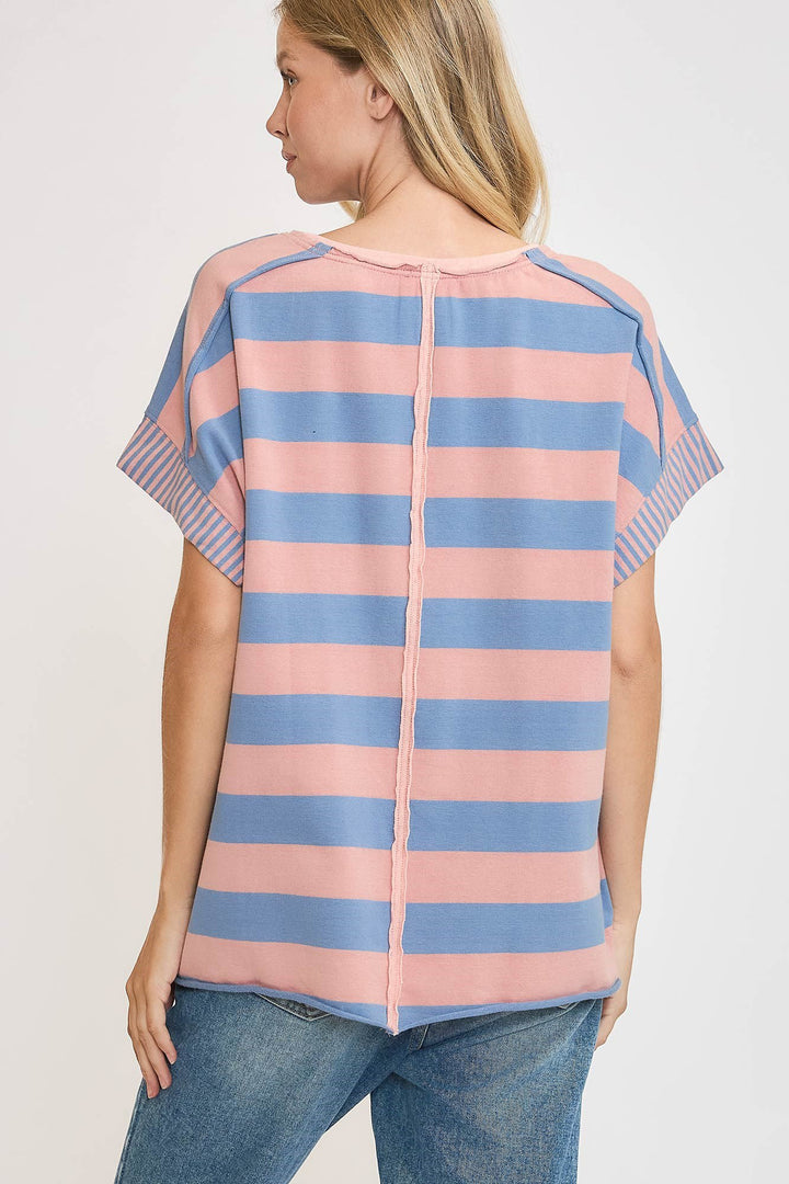 Umgee Peace Sign Patch Striped Top In Dusty Blue