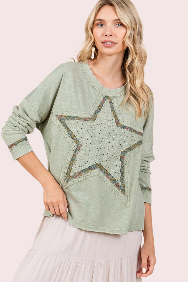 Mittoshop Mineral Wash Star Patch Long Sleeve T-Shirt In Sage