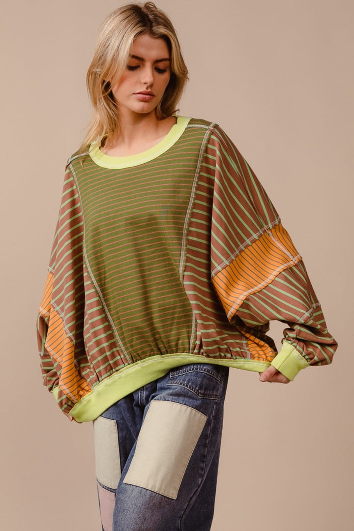 BiBi Color Block Striped Round Neck Sweatshirt In Olive