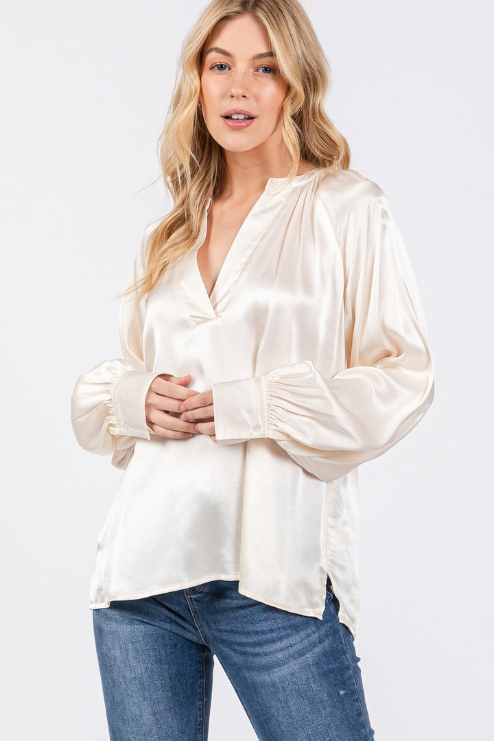 SAGE + FIG Notched Long Sleeve Top In Ivory