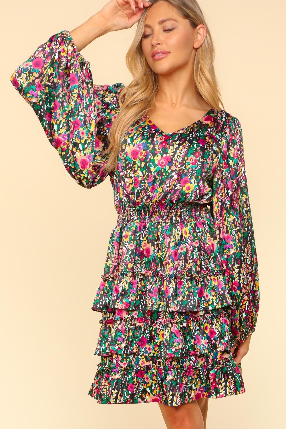 Haptics V-Neck Satin Floral Layered Dress In Multi