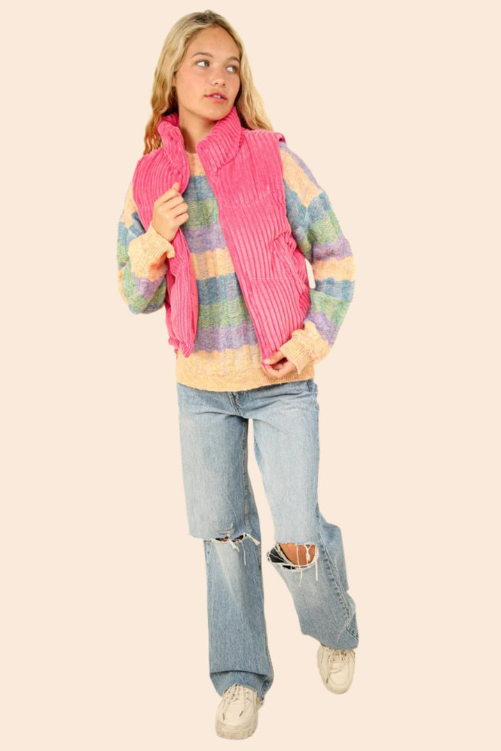 VERY J Zip Up Padded Corduroy Puffer Vest In PInk