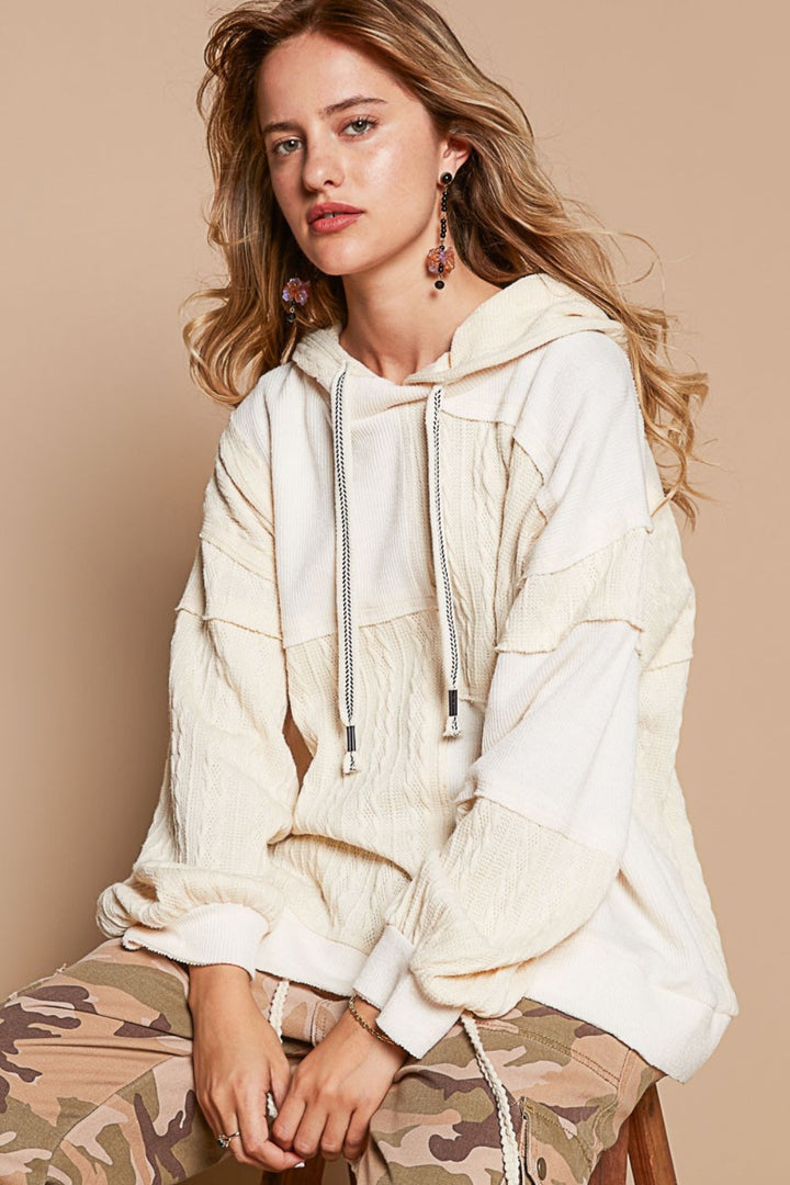 POL Exposed Seam Hooded Knit Top In Cream