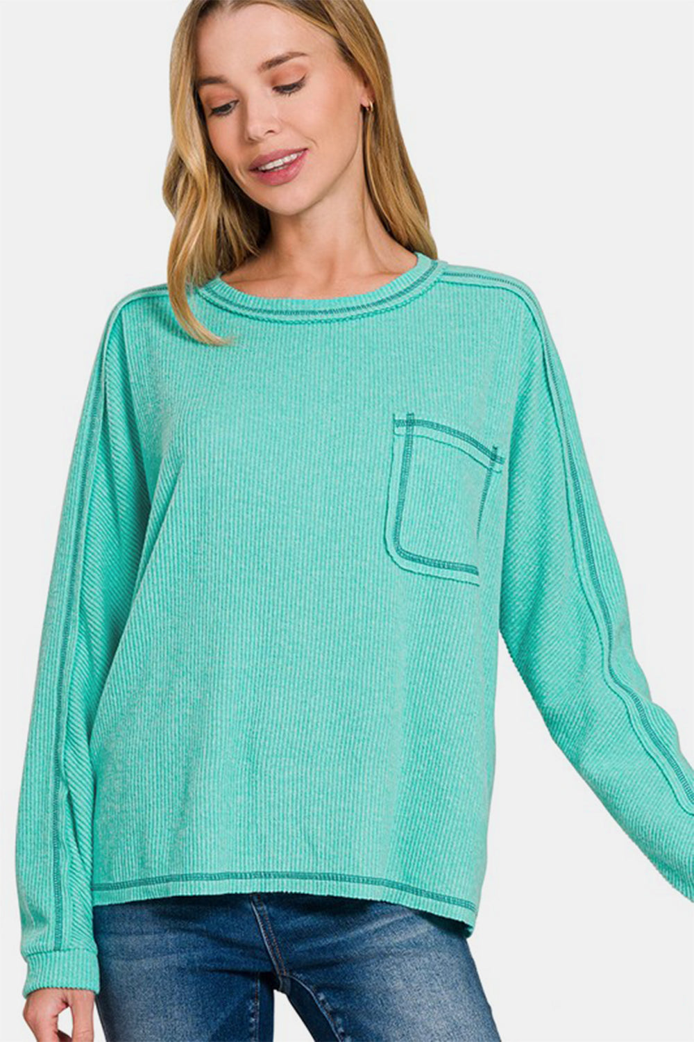 Zenana Brushed Ribbed Hacci Knit Top In Turquoise