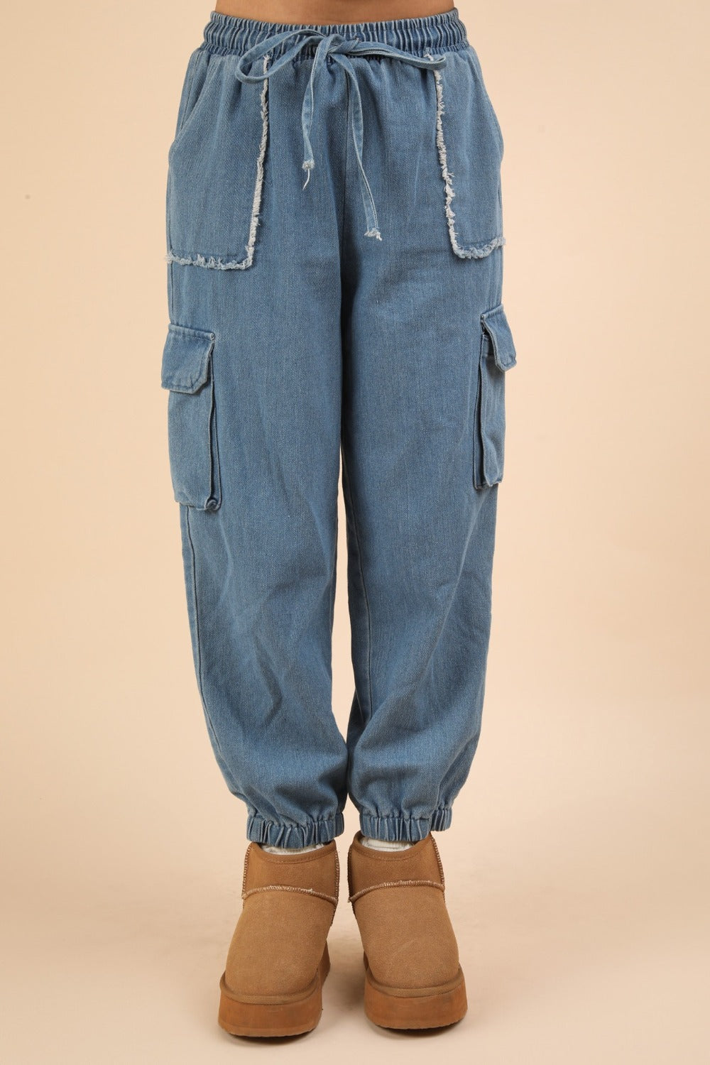 VERY J Washed Drawstring Jogger Cargo Jeans In Indigo