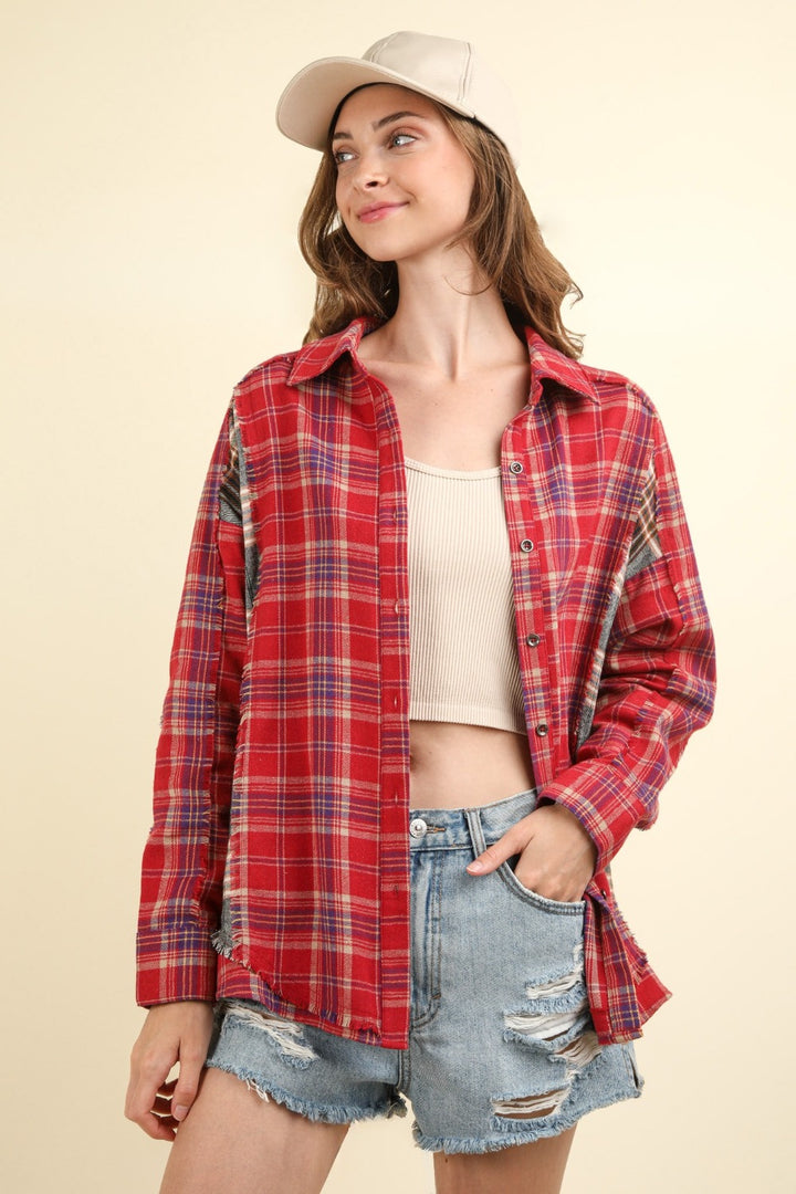 VERY J Contrast Plaid Raw Detail Shirt In Red