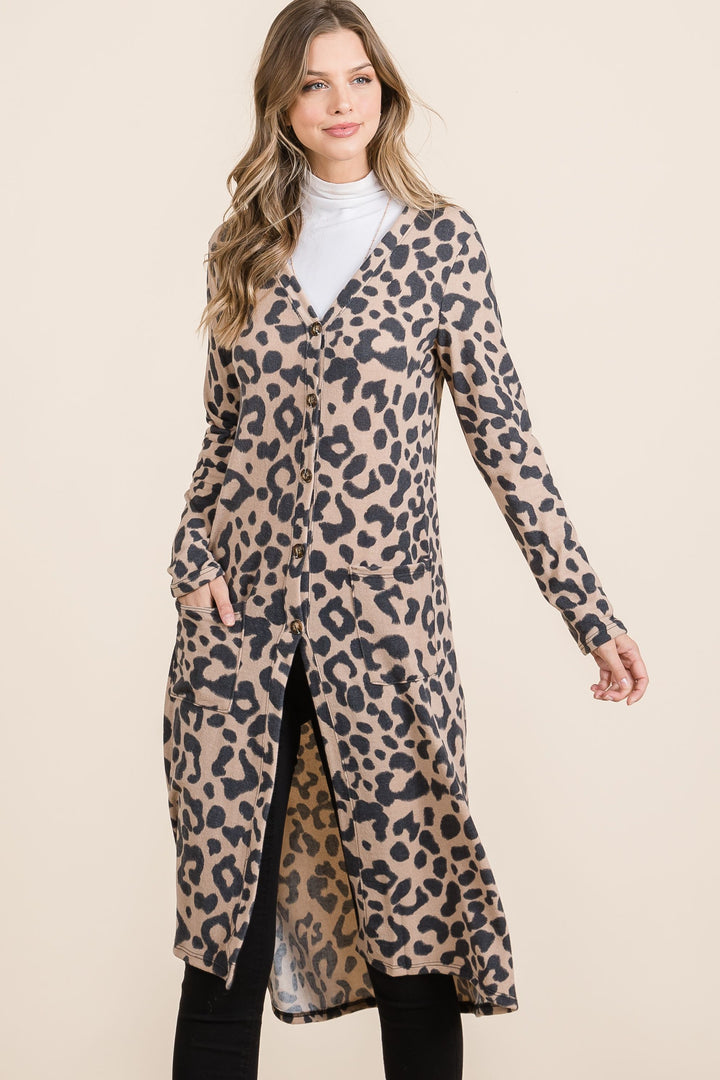 Celeste Leopard V-Neck Cardigan In Mocha