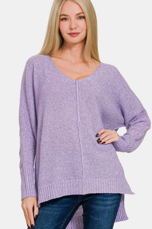 Zenana High-Low Center Seam V-Neck Sweater In Lavender