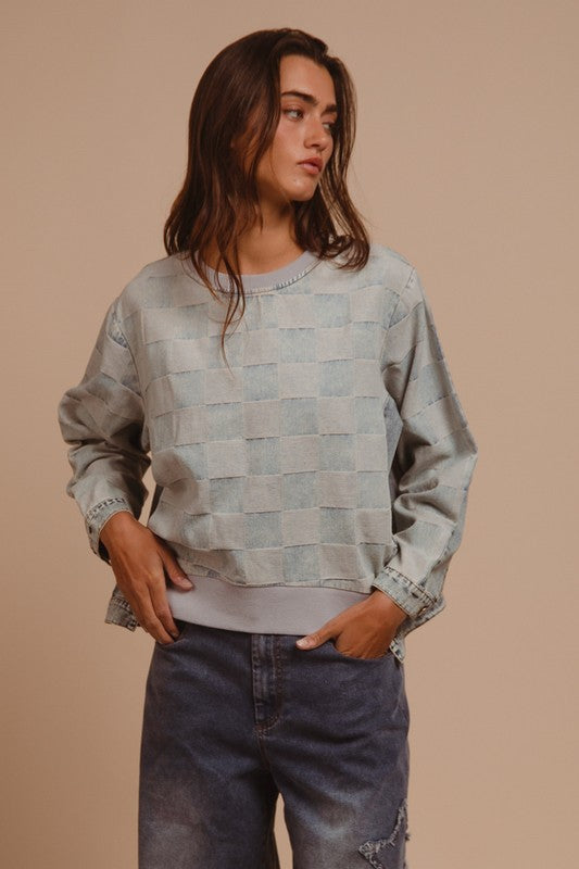 BiBi Mineral Washed Checkered Denim Top