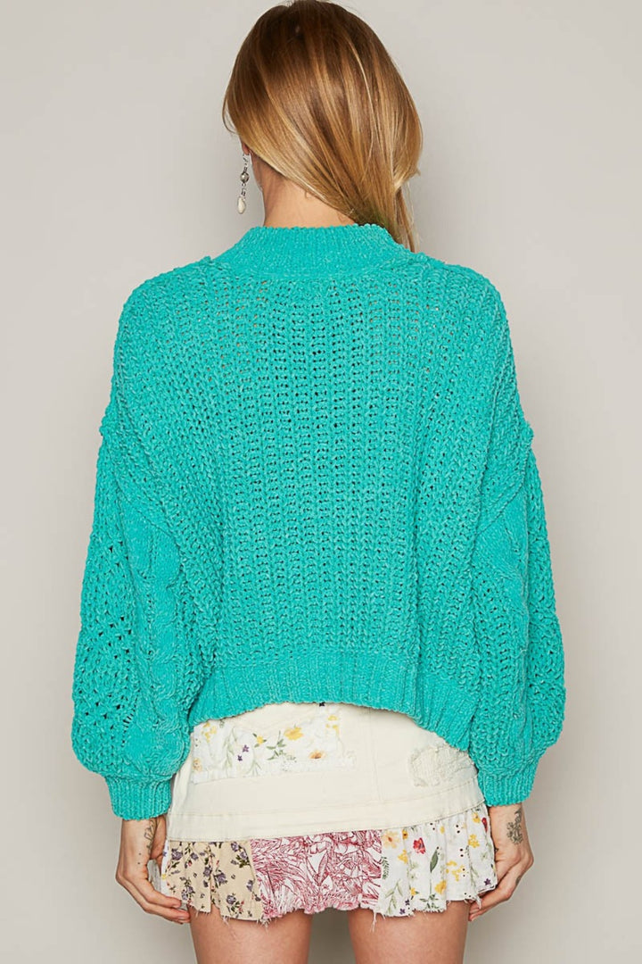 POL Mock Neck Cable Knit Sweater In Jungle Green