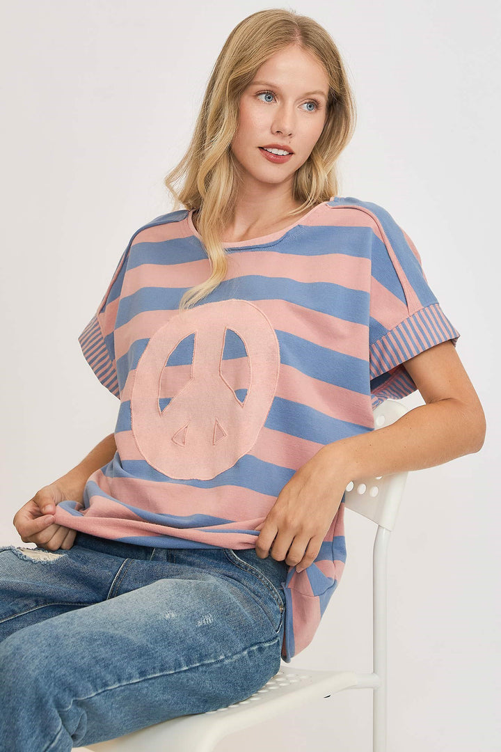 Umgee Peace Sign Patch Striped Top In Dusty Blue