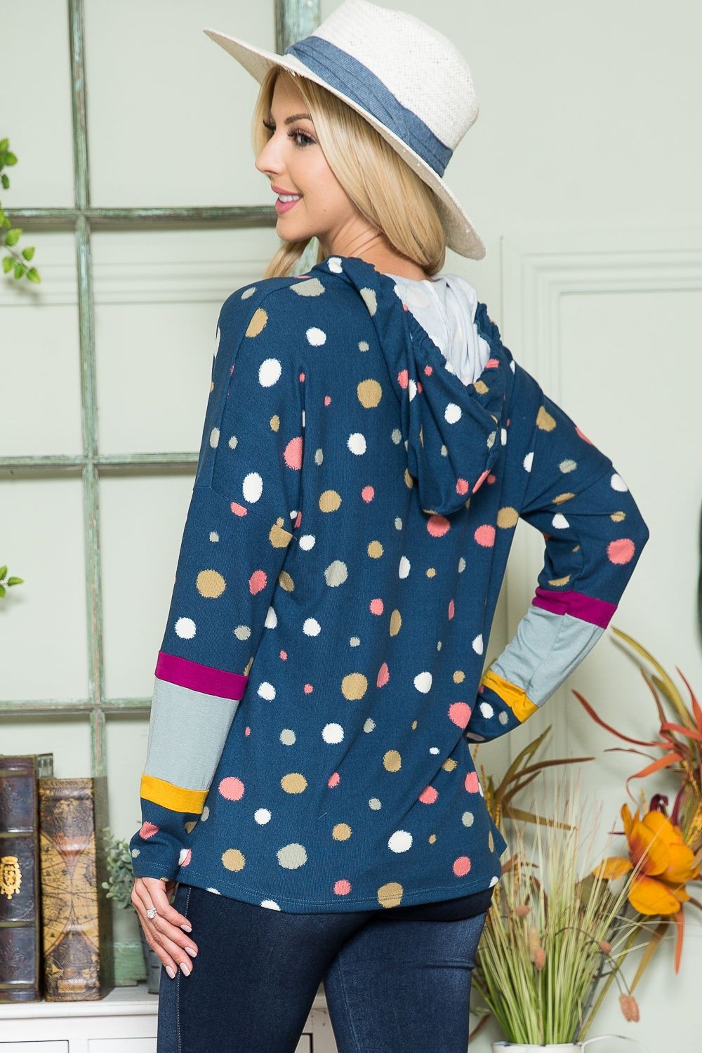 Celeste Polka Dot Drawstring Hoodie In Navy