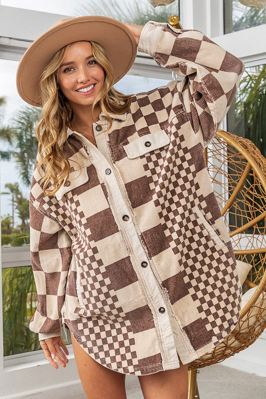 BiBi Checkered Button Down Corduroy Shacket In Mocha