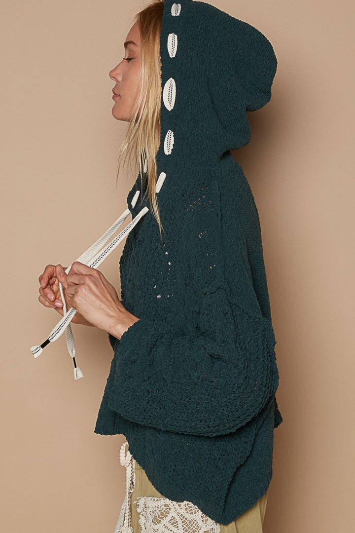 POL Cable Knit Hooded Chenille Sweater In Deep Forest