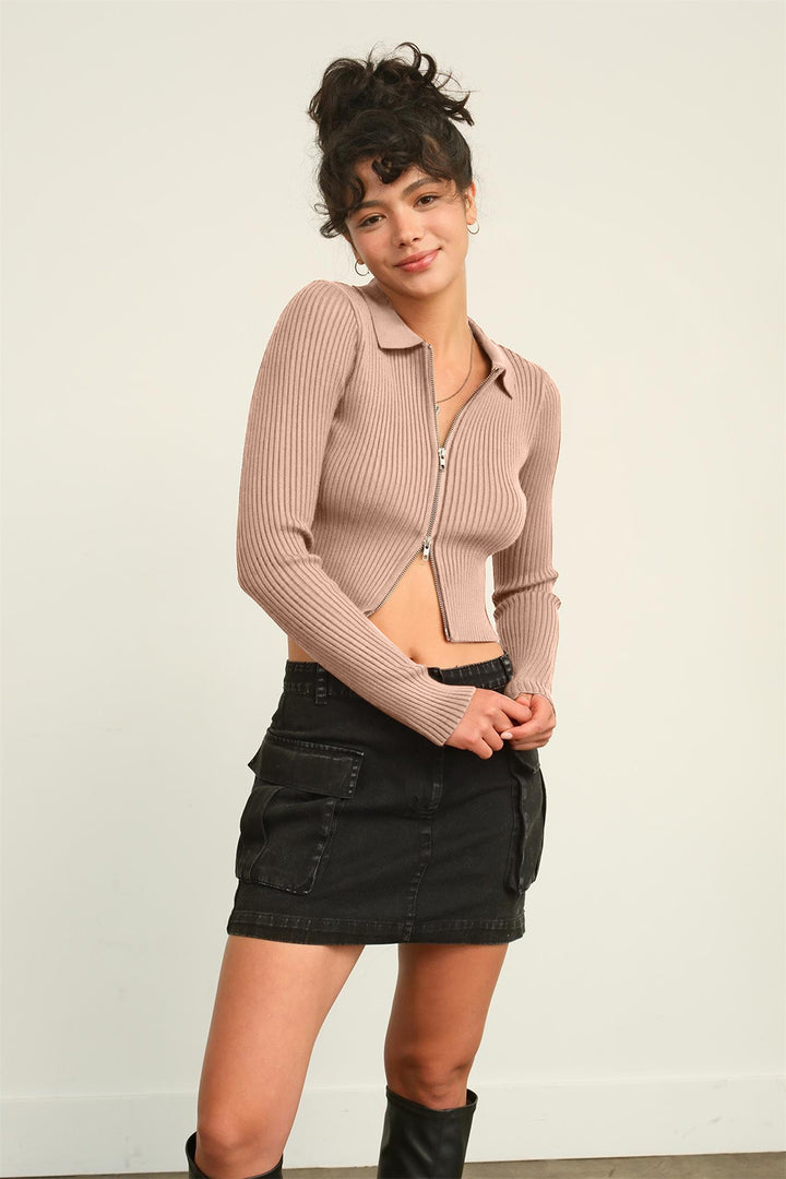 HYFVE Ribbed Double Zip Cropped Cardigan In Taupe