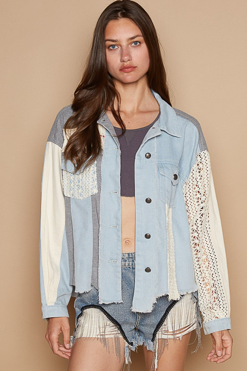 POL Raw Hem Crochet Embroidery Shacket with Chest Pockets In Denim