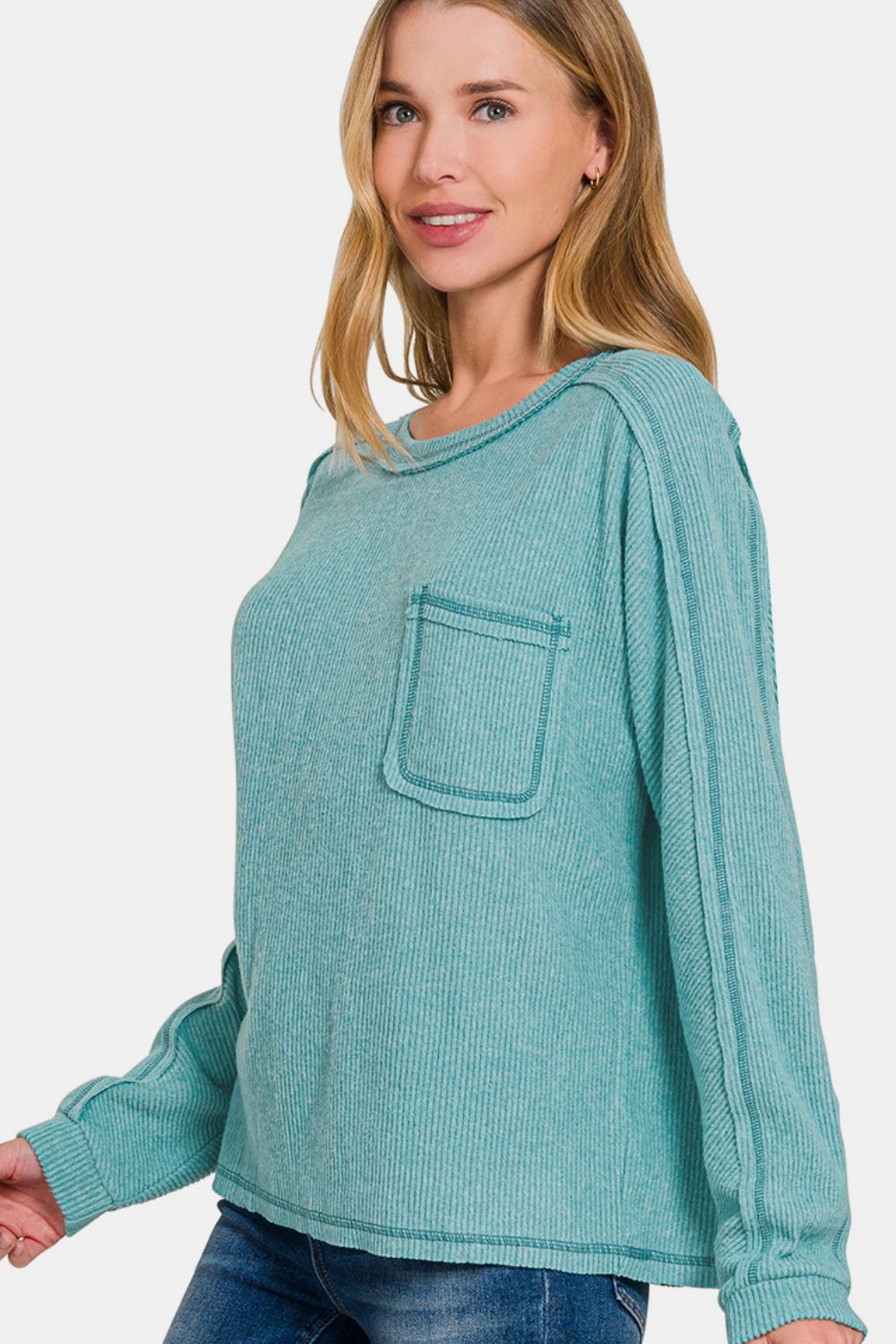 Zenana Brushed Ribbed Hacci Knit Top In Teal