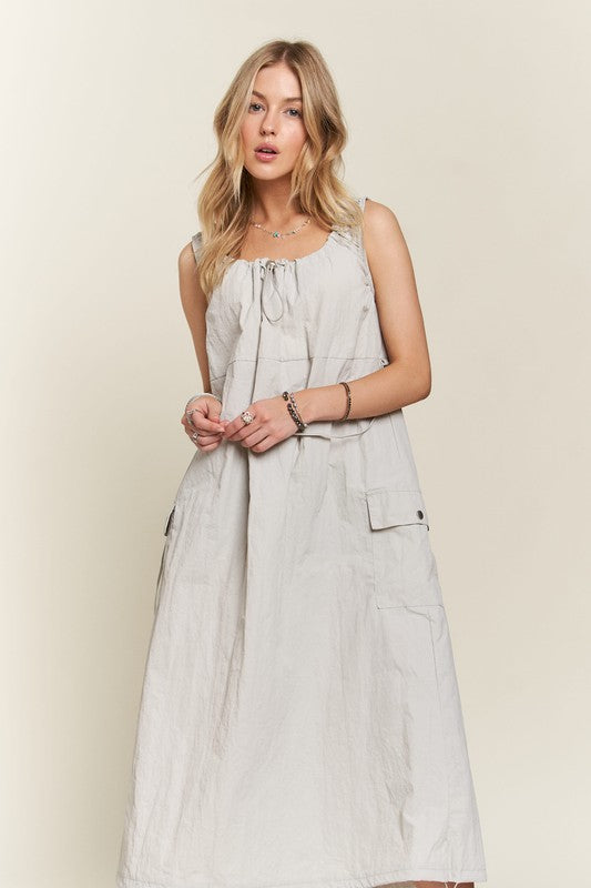 ADORA Drawstring Slit Back Cargo Dress In Lt Grey