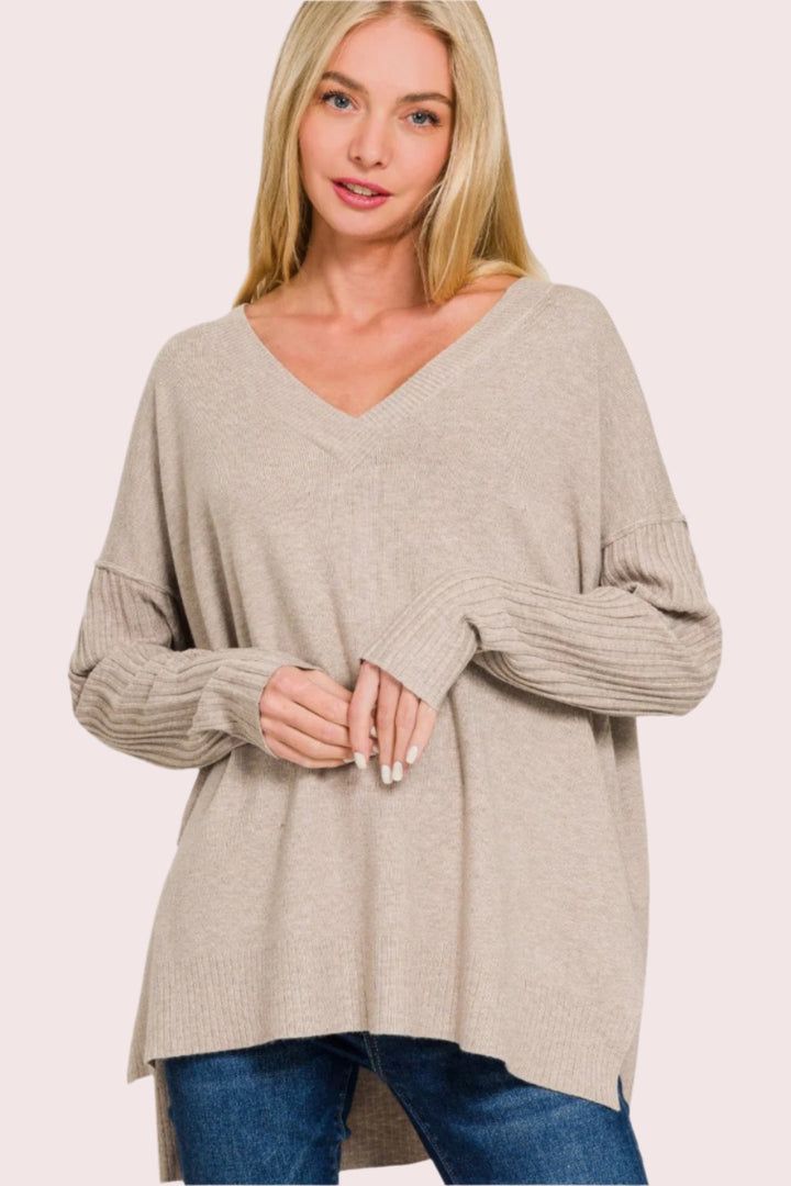 Zenana V-Neck Side Slit High-Low Sweater In H Mocha