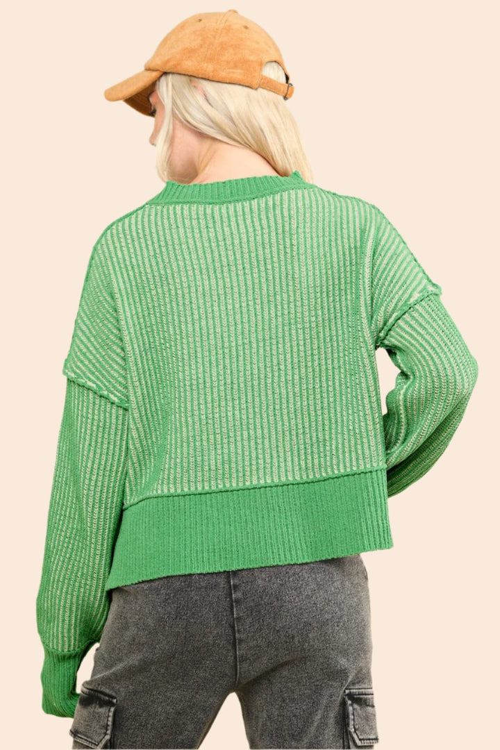 VERY J Exposed Seam Cropped Striped Slit Sweater In Green