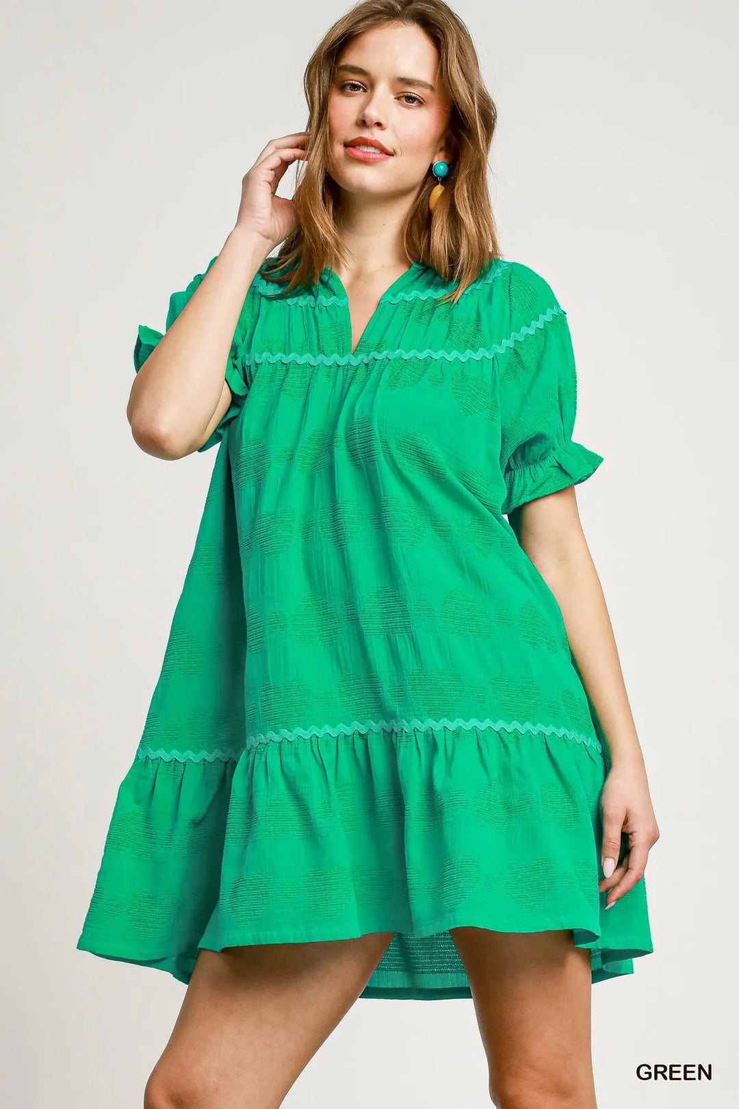 Umgee Heart Pattern Short Sleeve Ruffle Babydoll Dress In Green AddiBray Umgee Heart Pattern Short Sleeve Ruffle Babydoll Dress In Green AddiBray