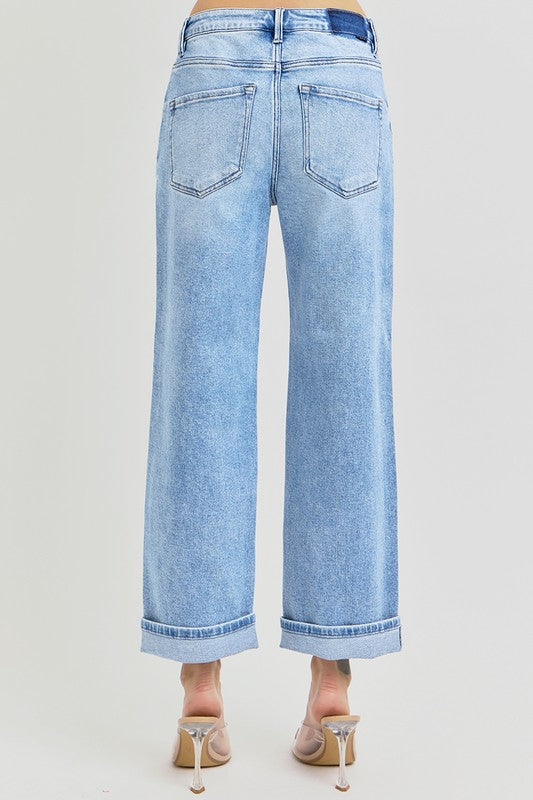 RISEN Ankle Wide Leg Cuffed Jeans In Light Wash