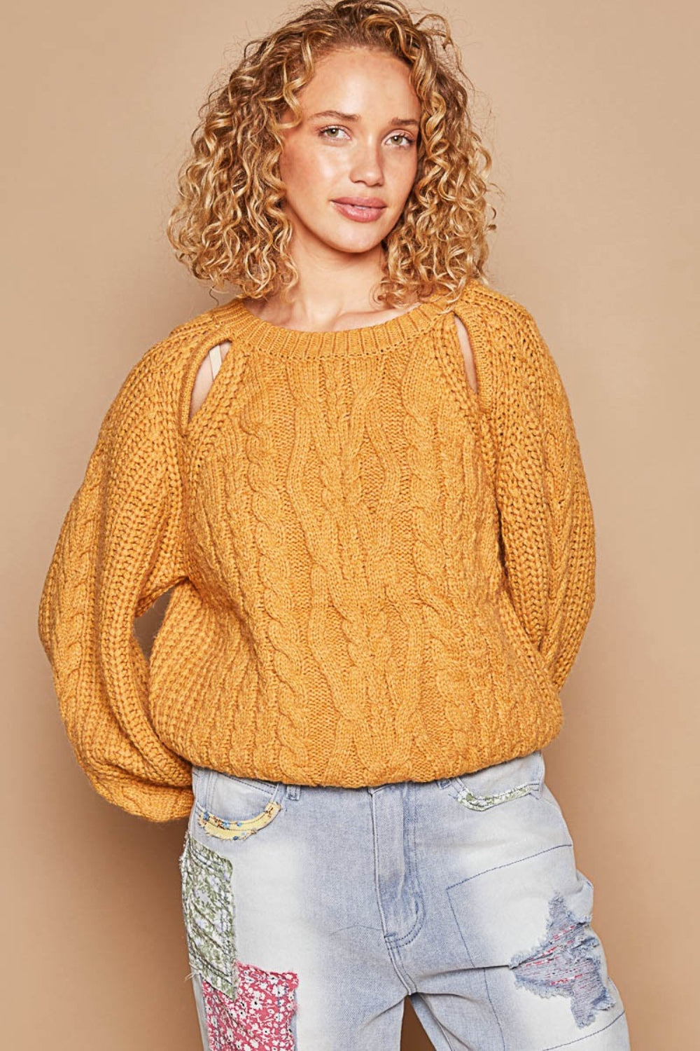 POL Cable Knit Cutout Long Sleeve Sweater In Honey Mustard