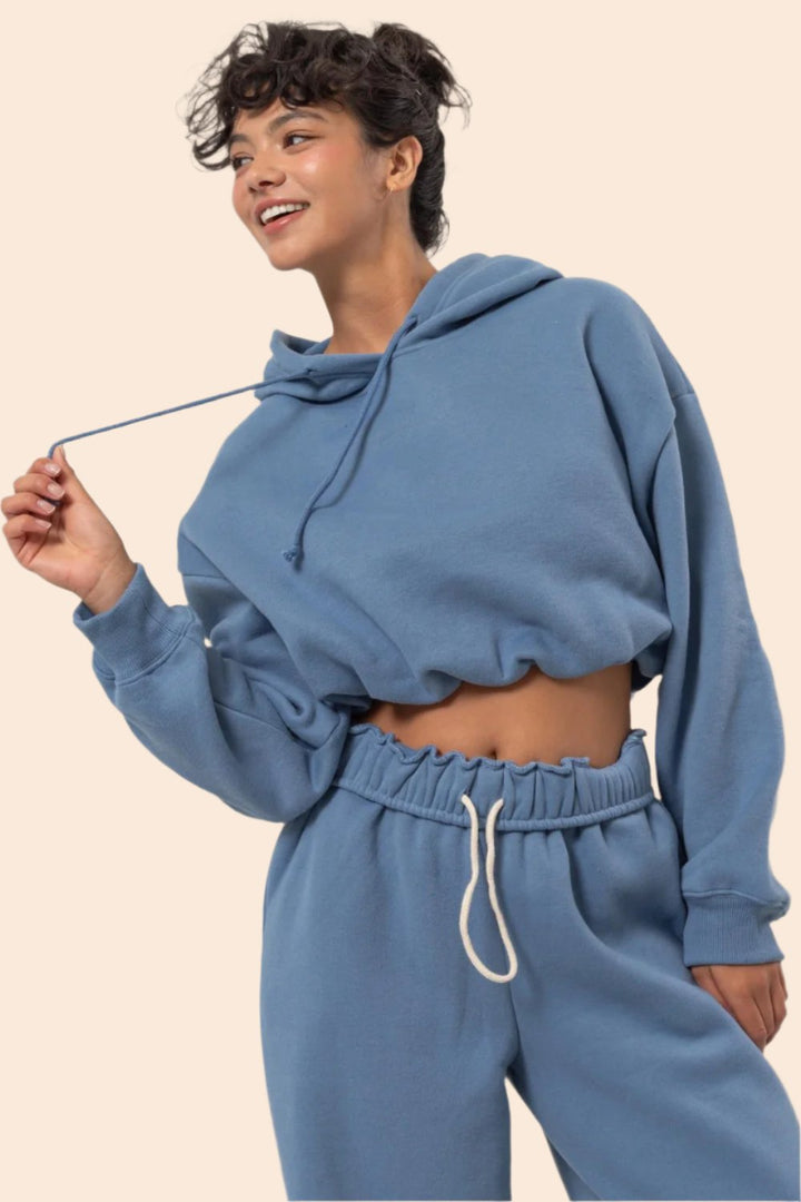 HYFVE Bubble Hem Cropped Hoodie In Gray Blue