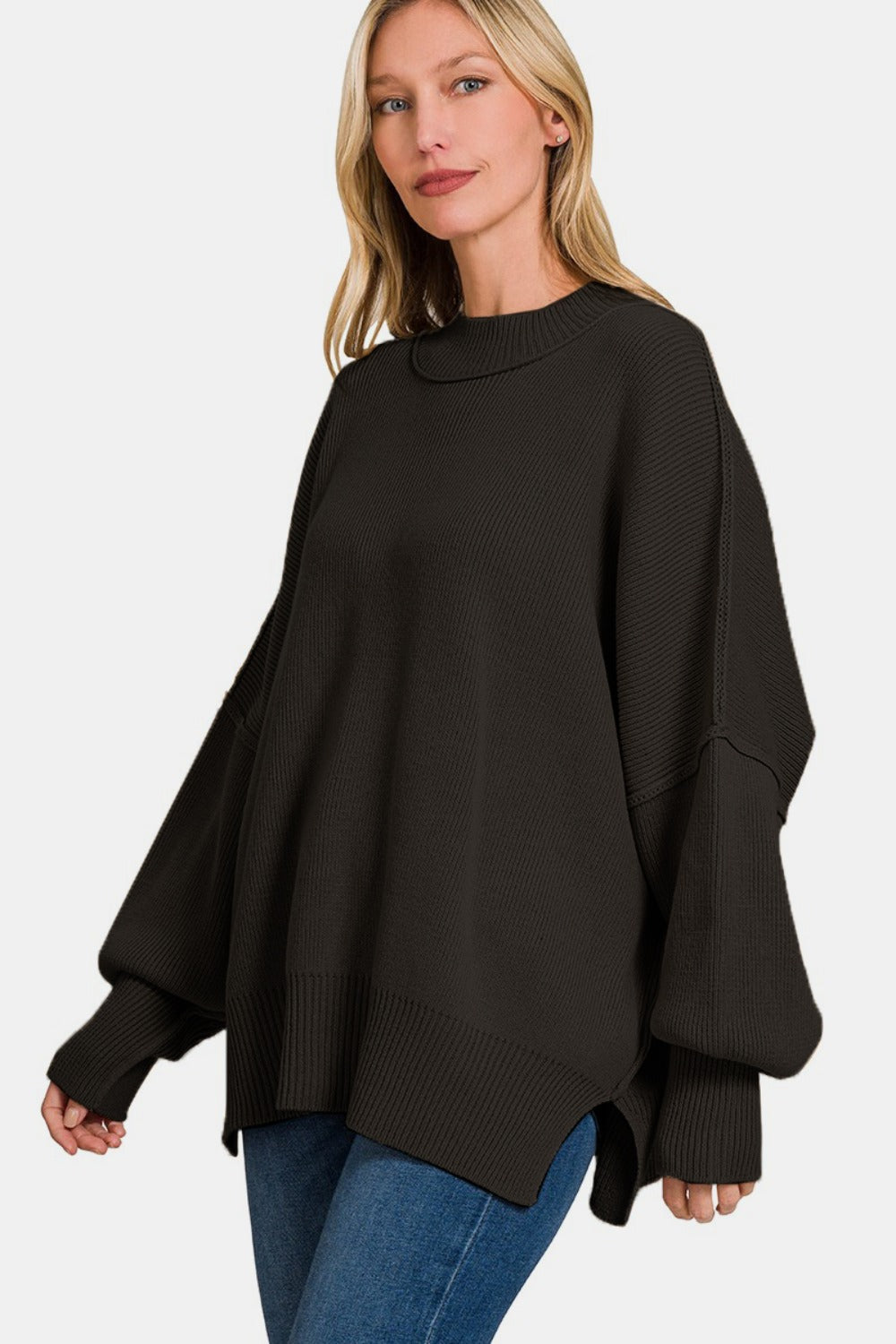 Zenana Side Sit Oversize Sweater In Black