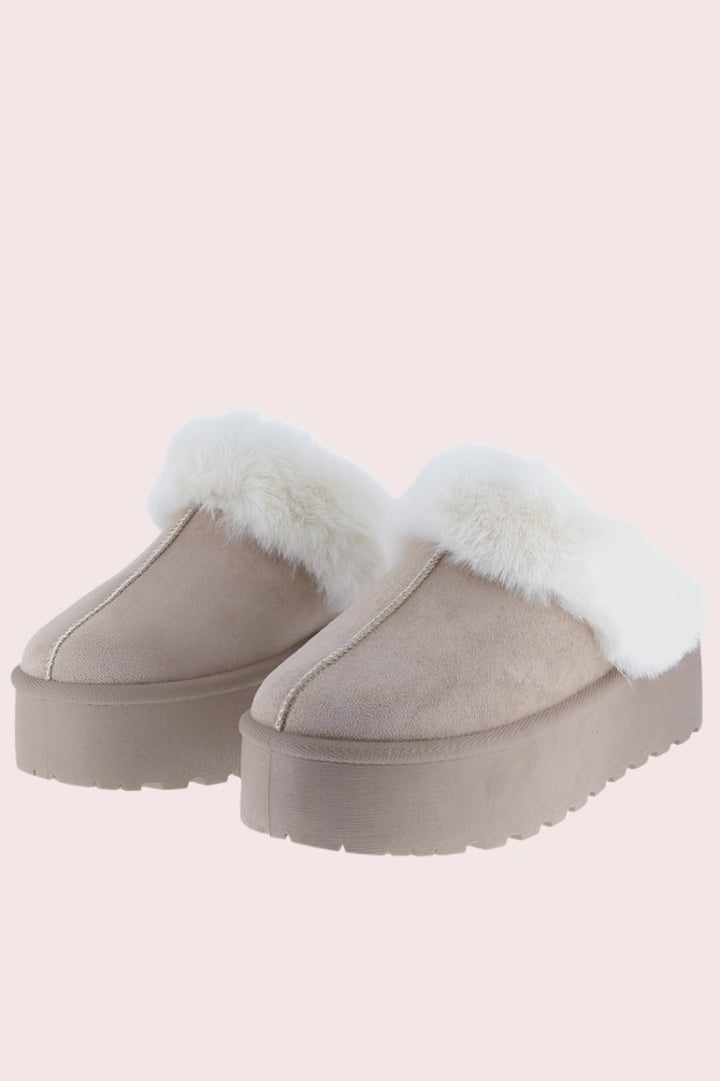 Thick Bottom Fur Trim Snow Slippers In Taupe