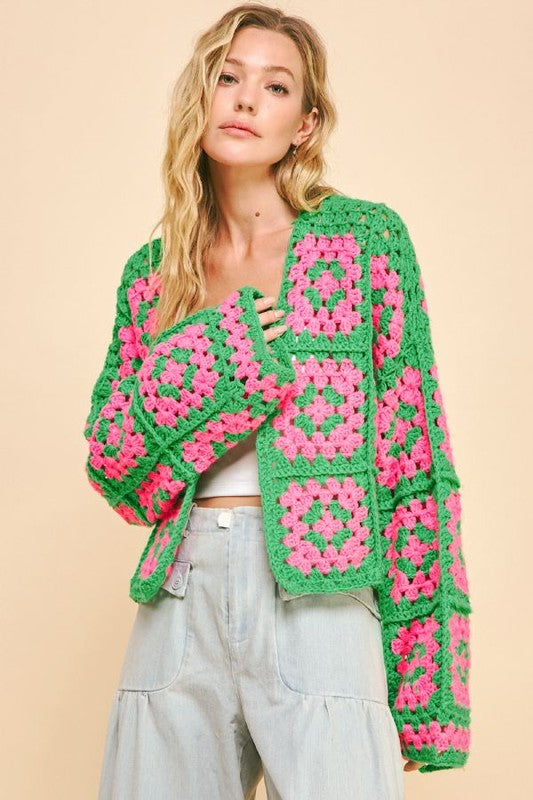 Davi & Dani Two Tone Flower Crochet Cardigan In Green