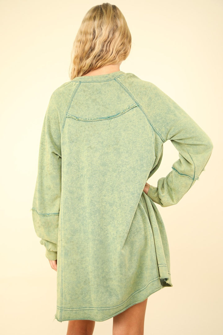 VERY J Mineral Washed Oversized A-Line Mini Dress In Forest