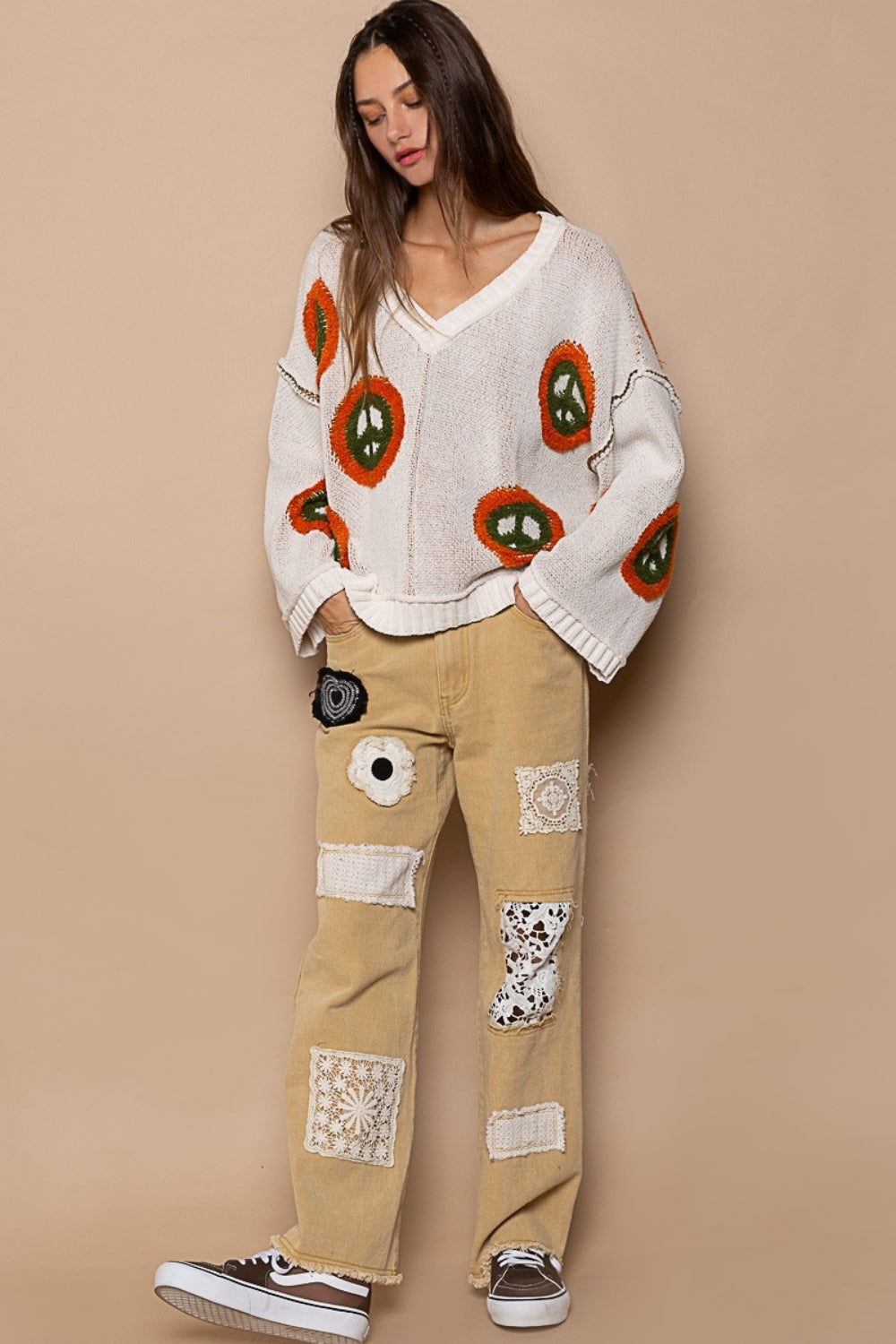 POL V Neck Long Sleeve Peace Pattern Sweater In Cream