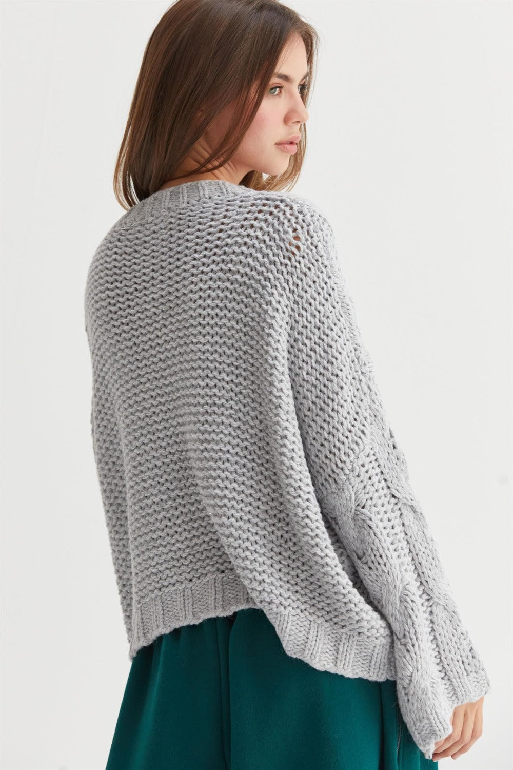 HYFVE Cable Knit V-Neck Sweater In Gray