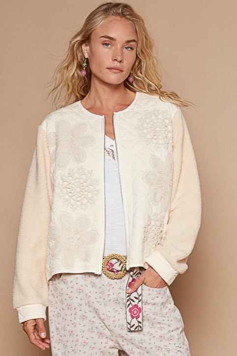 POL Lace Detail Fur Sleeve Zip Up Quilted Jacket In Cream