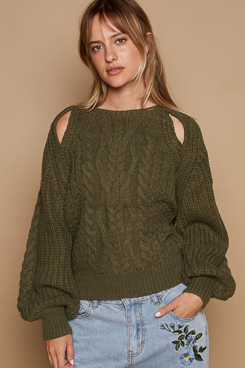 POL Cable Knit Cutout Long Sleeve Sweater In Dried Olive