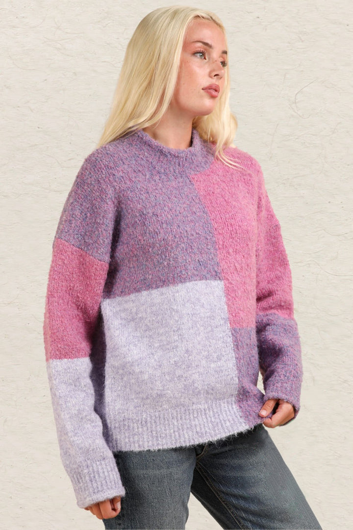 VERY J Color Block Mock Neck Drop Shoulder Sweater In Purple