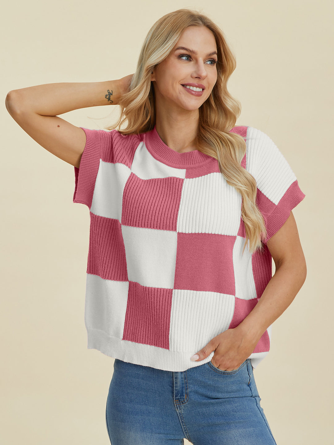 Double Take Checkered Short Sleeve Sweater