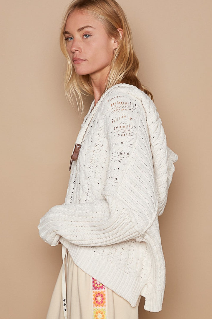 POL Rib Weave Sleeves Hooded Cable Knit Sweater In Cream