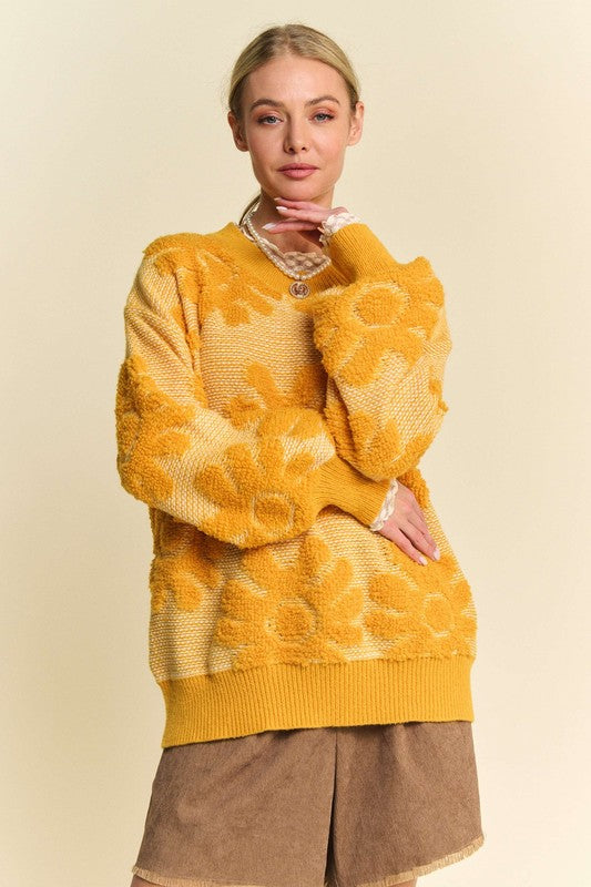 Davi & Dani Flower Texture Sweater In Gold